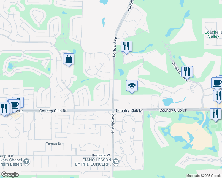map of restaurants, bars, coffee shops, grocery stores, and more near 39640 Desert Greens Drive East in Palm Desert