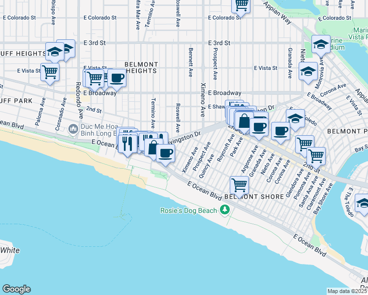 map of restaurants, bars, coffee shops, grocery stores, and more near 111 Bennett Avenue in Long Beach