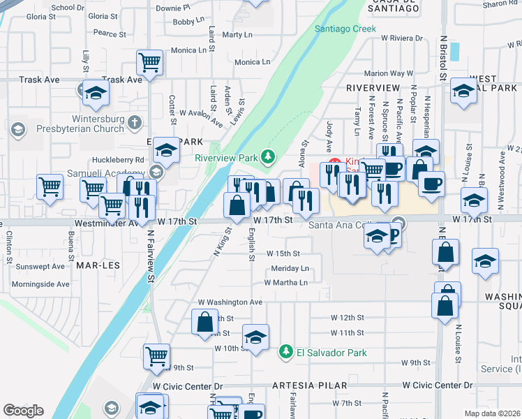 map of restaurants, bars, coffee shops, grocery stores, and more near 1910 West 18th Street in Santa Ana