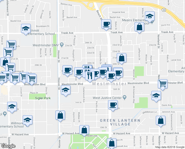 map of restaurants, bars, coffee shops, grocery stores, and more near 13891 Lipkin Drive in Westminster
