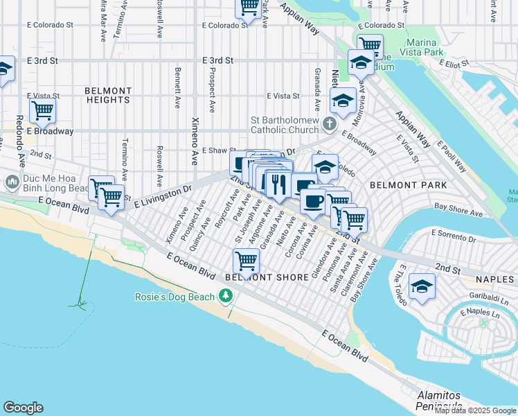 map of restaurants, bars, coffee shops, grocery stores, and more near 5016 2nd Street in Long Beach
