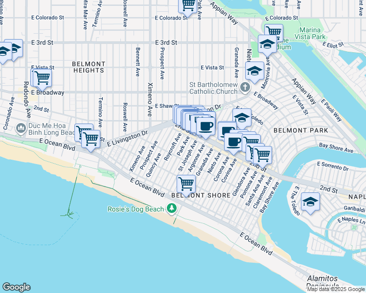 map of restaurants, bars, coffee shops, grocery stores, and more near 166 Park Avenue in Long Beach