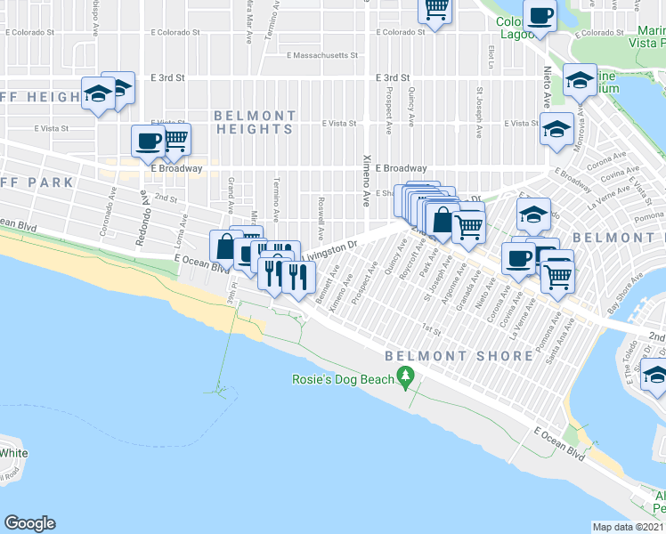 map of restaurants, bars, coffee shops, grocery stores, and more near 113A Bennett Avenue in Long Beach