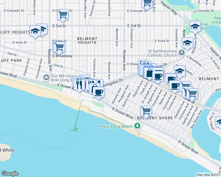 map of restaurants, bars, coffee shops, grocery stores, and more near 113A Bennett Avenue in Long Beach