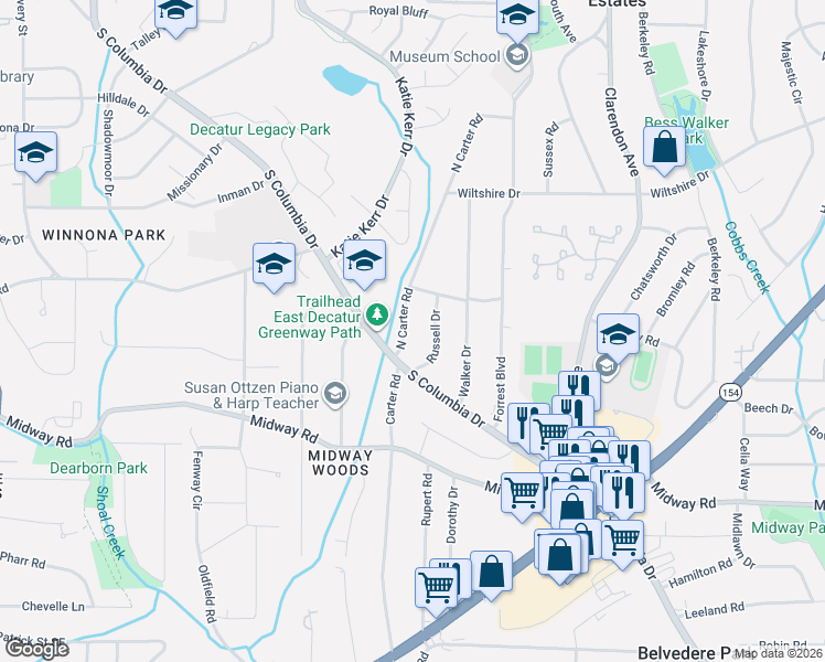 map of restaurants, bars, coffee shops, grocery stores, and more near 1169 Russell Drive in Decatur