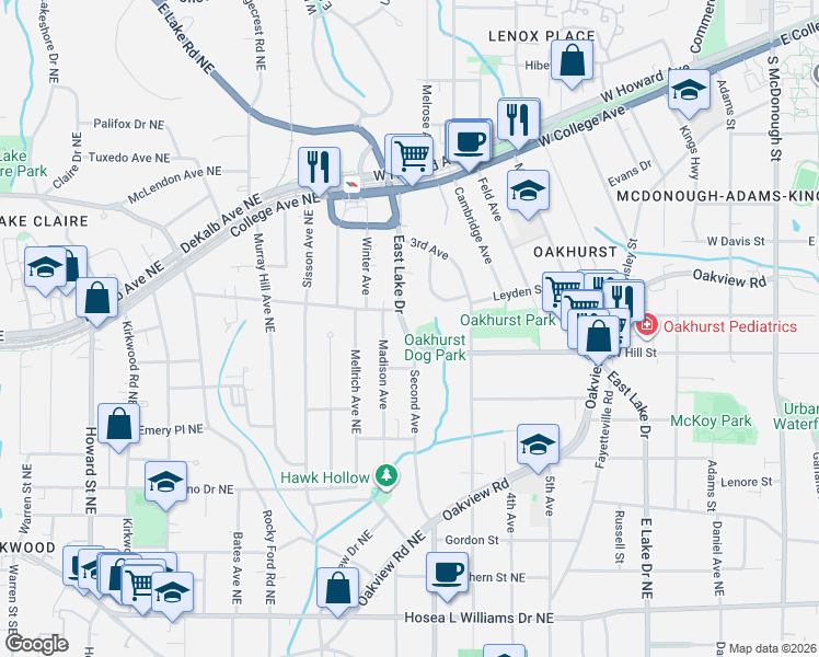 map of restaurants, bars, coffee shops, grocery stores, and more near 316 East Lake Drive in Decatur