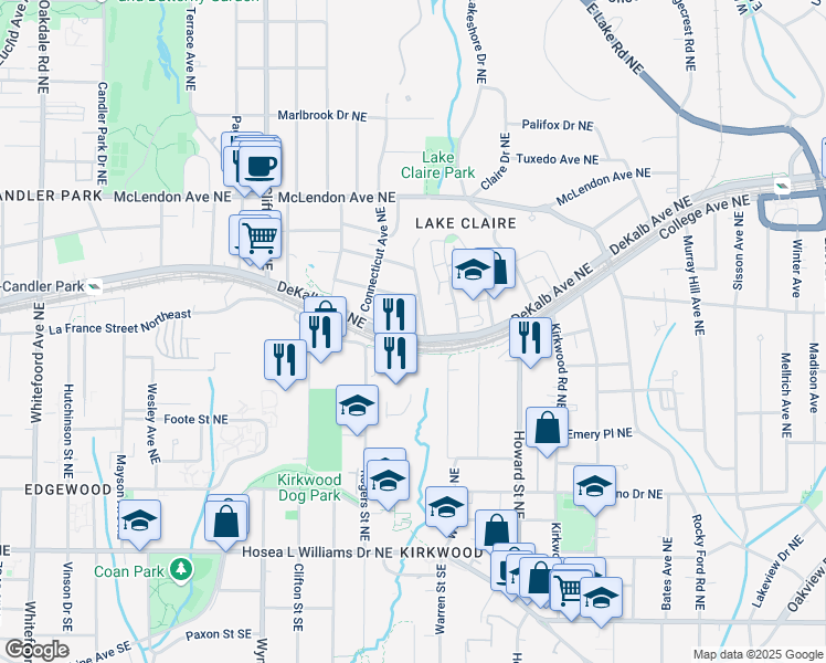 map of restaurants, bars, coffee shops, grocery stores, and more near 1850 DeKalb Avenue Northeast in Atlanta