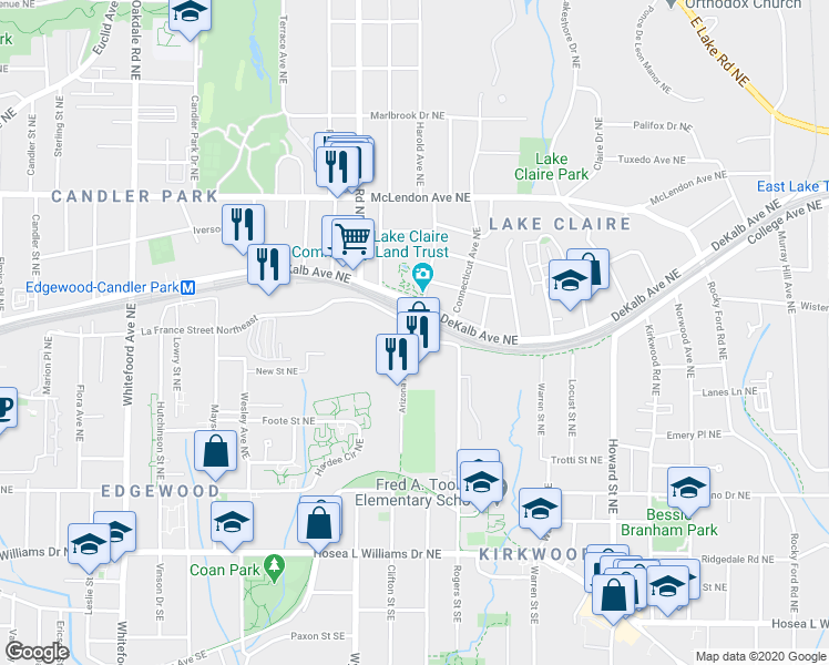 map of restaurants, bars, coffee shops, grocery stores, and more near 215 Arizona Avenue Northeast in Atlanta