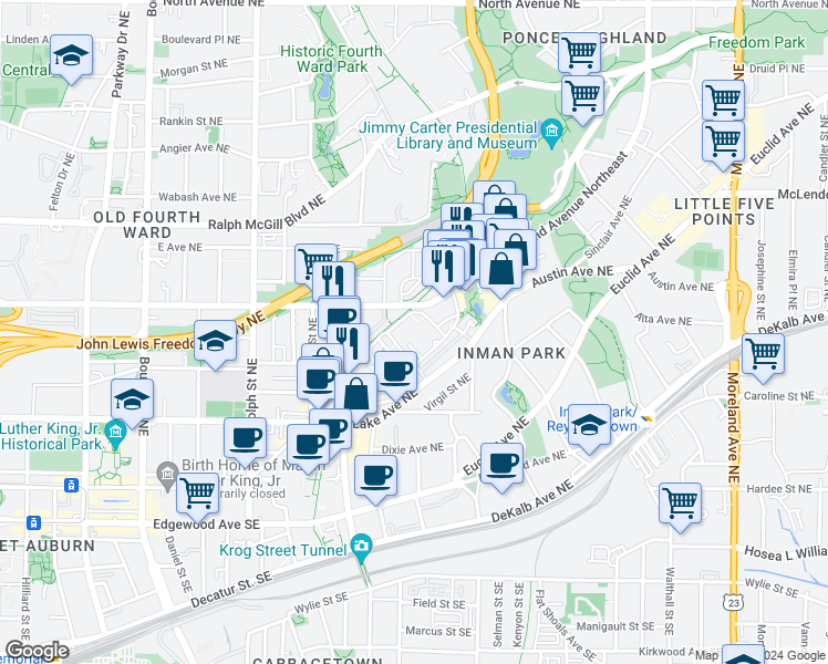 map of restaurants, bars, coffee shops, grocery stores, and more near 834 Inman Village Parkway Northeast in Atlanta