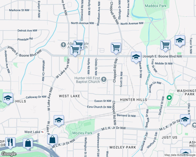 map of restaurants, bars, coffee shops, grocery stores, and more near 195 Childs Drive Northwest in Atlanta