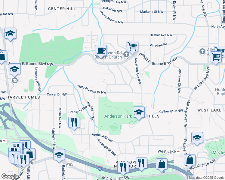 map of restaurants, bars, coffee shops, grocery stores, and more near 2061 Tiger Flowers Drive Northwest in Atlanta