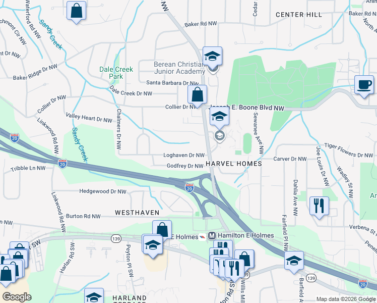 map of restaurants, bars, coffee shops, grocery stores, and more near 2547 Loghaven Drive Northwest in Atlanta