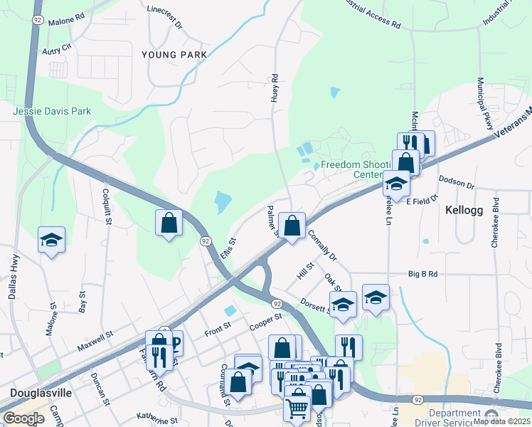 map of restaurants, bars, coffee shops, grocery stores, and more near 6168 Ellis Street in Douglasville