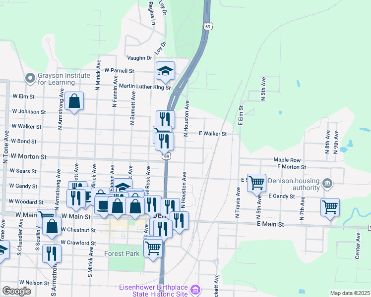 map of restaurants, bars, coffee shops, grocery stores, and more near 108 West Bond Street in Denison