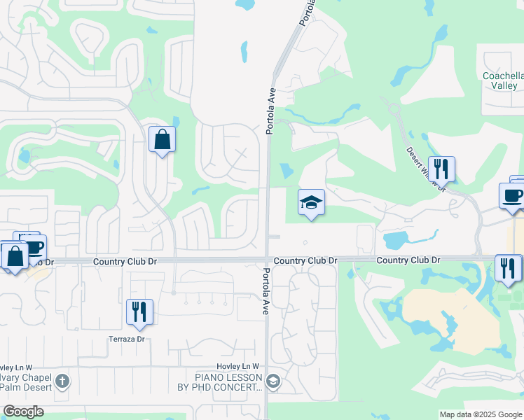 map of restaurants, bars, coffee shops, grocery stores, and more near 39640 Desert Greens Drive East in Palm Desert