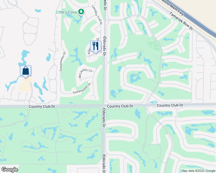 map of restaurants, bars, coffee shops, grocery stores, and more near 39662 Narcissus Way in Palm Desert