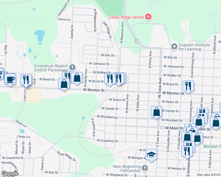 map of restaurants, bars, coffee shops, grocery stores, and more near 1525 West Morton Street in Denison