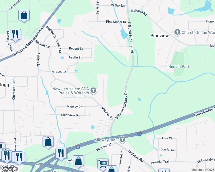 map of restaurants, bars, coffee shops, grocery stores, and more near 1670 Nutmeg Street in Douglasville