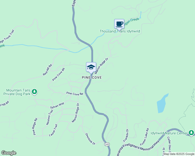 map of restaurants, bars, coffee shops, grocery stores, and more near 53045 Rockmere Drive in Idyllwild-Pine Cove