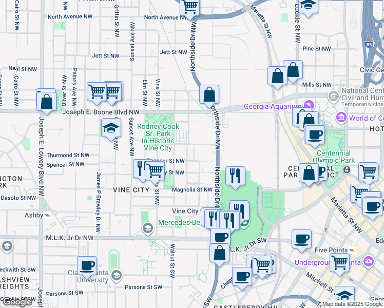 map of restaurants, bars, coffee shops, grocery stores, and more near 216 Maple Pl NW in Atlanta