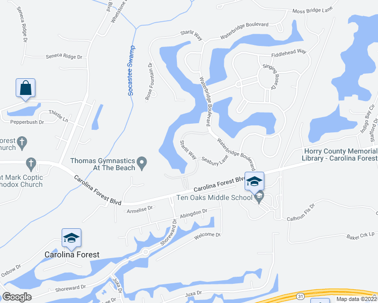 map of restaurants, bars, coffee shops, grocery stores, and more near Starlit Way in Myrtle Beach