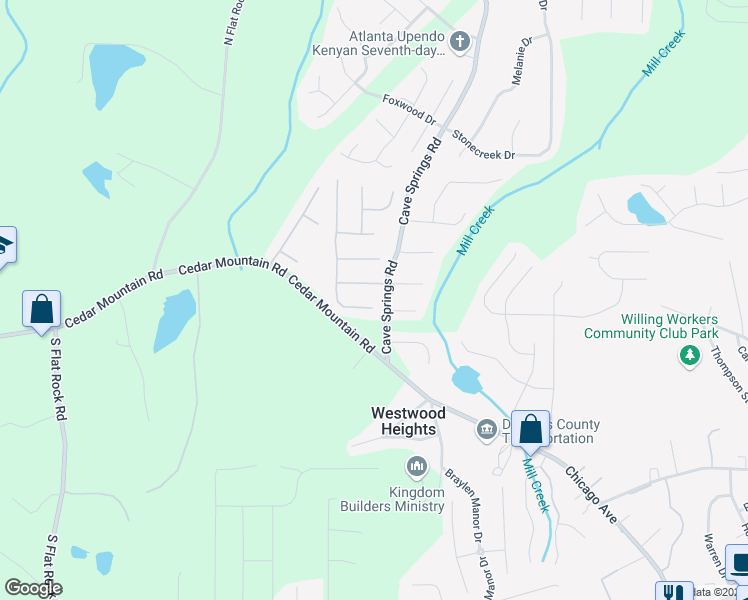 map of restaurants, bars, coffee shops, grocery stores, and more near 7406 Grayson Bridge Circle in Douglasville