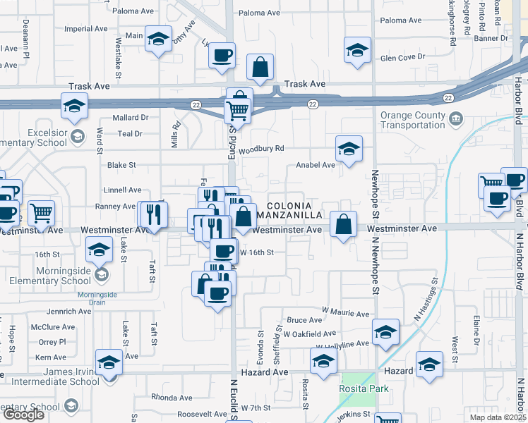 map of restaurants, bars, coffee shops, grocery stores, and more near 13921 Anita Place in Garden Grove