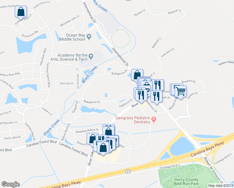 map of restaurants, bars, coffee shops, grocery stores, and more near 705 Coffee Tree Court in Myrtle Beach