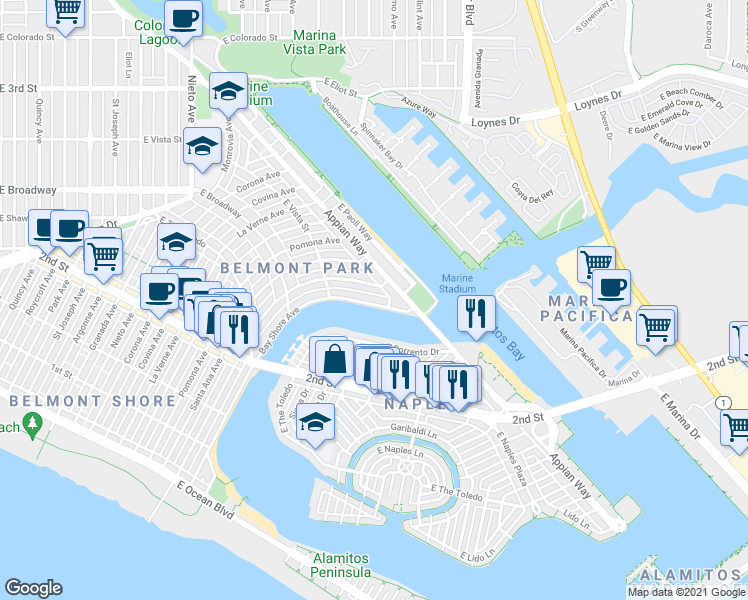 map of restaurants, bars, coffee shops, grocery stores, and more near 353 Bay Shore Avenue in Long Beach