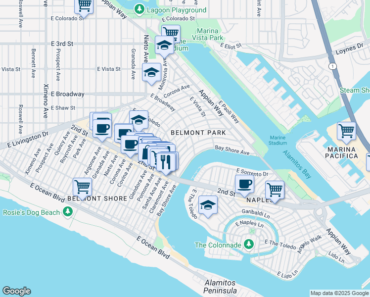 map of restaurants, bars, coffee shops, grocery stores, and more near 253 Claremont Avenue in Long Beach