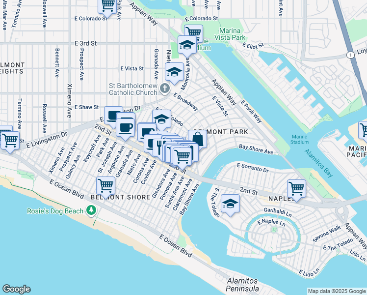 map of restaurants, bars, coffee shops, grocery stores, and more near 226 Glendora Avenue in Long Beach