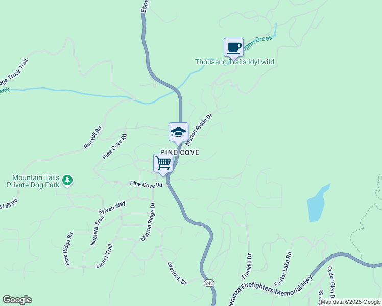 map of restaurants, bars, coffee shops, grocery stores, and more near 53045 Rockmere Drive in Idyllwild-Pine Cove