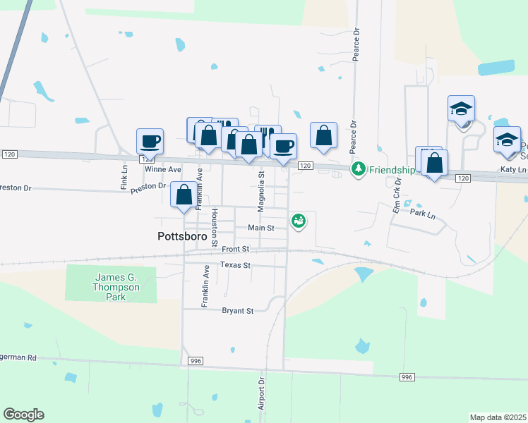 map of restaurants, bars, coffee shops, grocery stores, and more near 301 Magnolia Street in Pottsboro