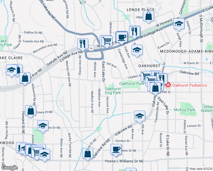 map of restaurants, bars, coffee shops, grocery stores, and more near 316 East Lake Drive in Decatur