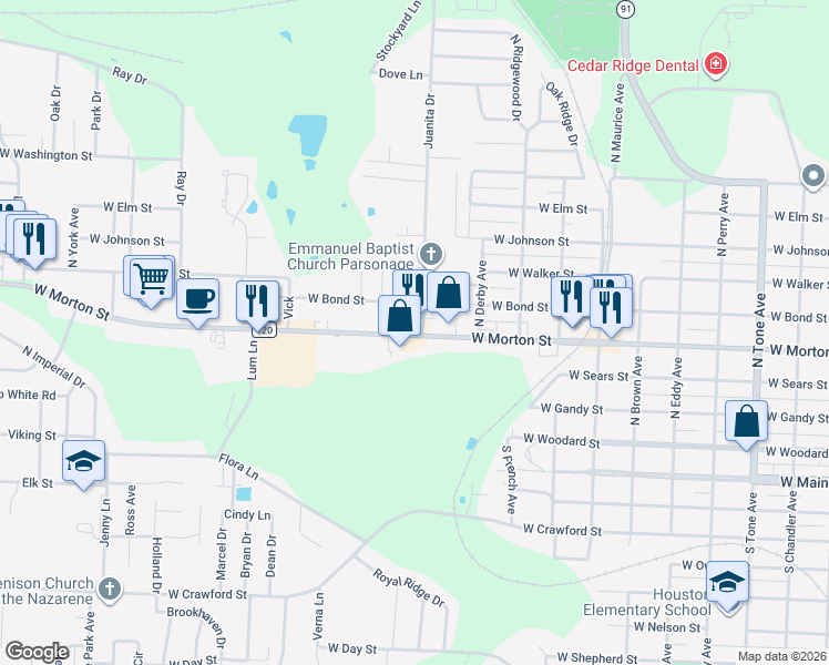 map of restaurants, bars, coffee shops, grocery stores, and more near 1901 W Morton St in Denison