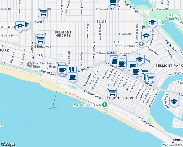 map of restaurants, bars, coffee shops, grocery stores, and more near 150 Ximeno Avenue in Long Beach