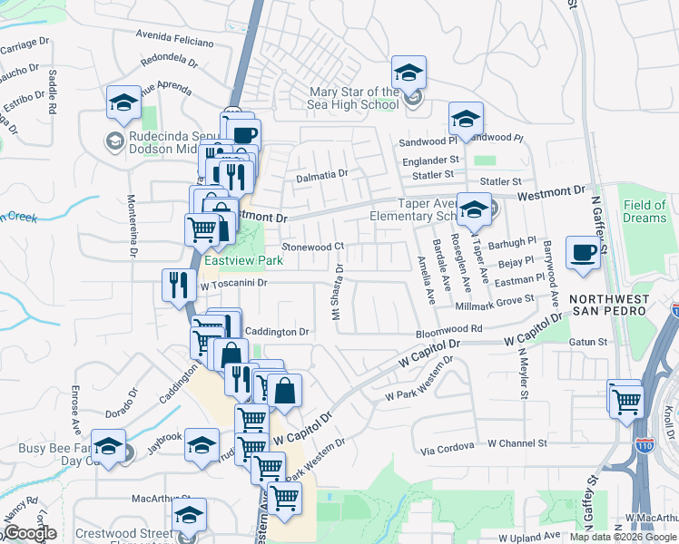 map of restaurants, bars, coffee shops, grocery stores, and more near 2074 Mount Shasta Drive in Los Angeles