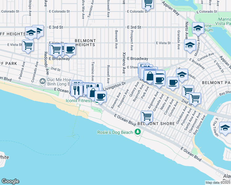 map of restaurants, bars, coffee shops, grocery stores, and more near 116 Bennett Avenue in Long Beach