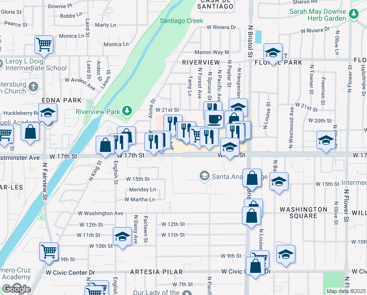 map of restaurants, bars, coffee shops, grocery stores, and more near 1623 West 17th Street in Santa Ana