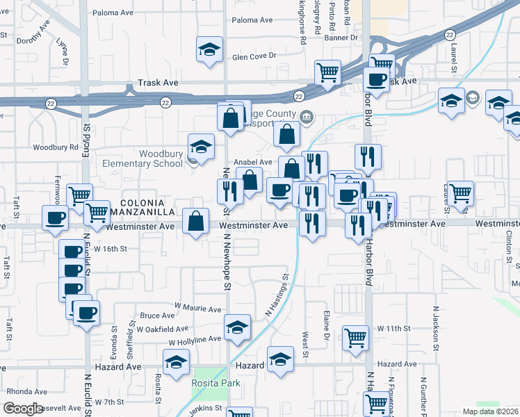 map of restaurants, bars, coffee shops, grocery stores, and more near 11611 Westminster Avenue in Garden Grove