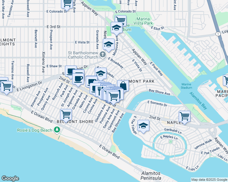 map of restaurants, bars, coffee shops, grocery stores, and more near 226 Glendora Avenue in Long Beach