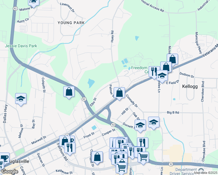 map of restaurants, bars, coffee shops, grocery stores, and more near 6168 Ellis Street in Douglasville