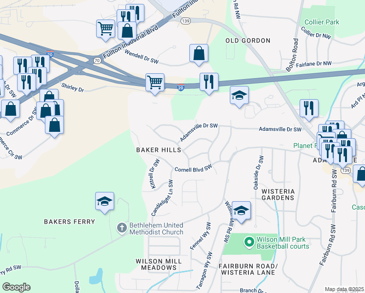map of restaurants, bars, coffee shops, grocery stores, and more near 4003 Rutgers Drive Southwest in Atlanta