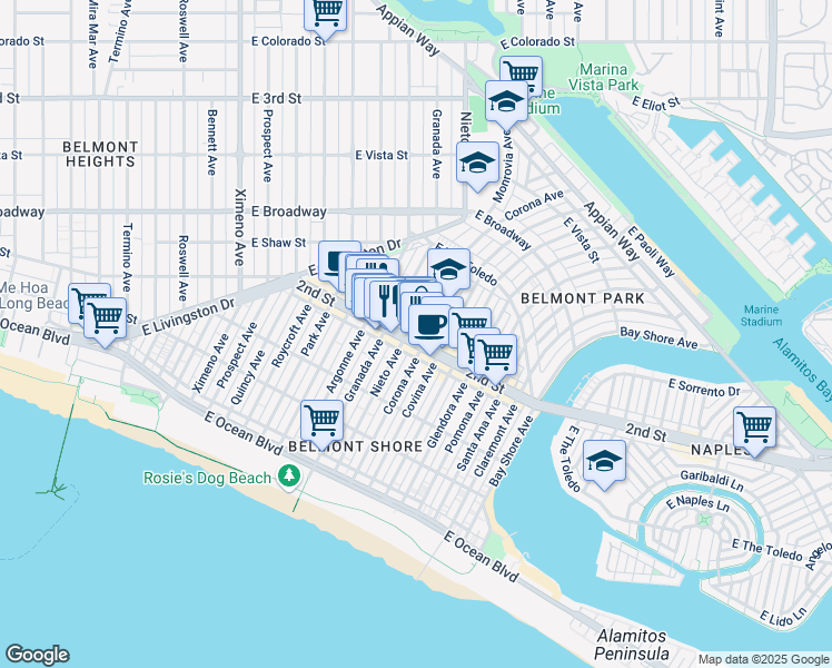 map of restaurants, bars, coffee shops, grocery stores, and more near 5116 2nd Street in Long Beach