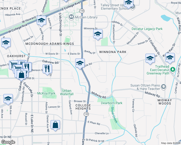 map of restaurants, bars, coffee shops, grocery stores, and more near 203 Mimosa Drive in Decatur