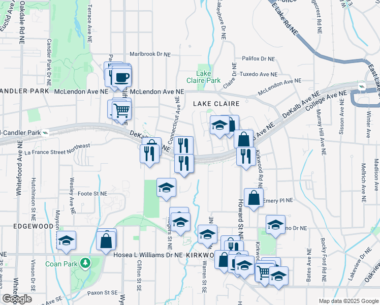 map of restaurants, bars, coffee shops, grocery stores, and more near 1850 DeKalb Avenue Northeast in Atlanta