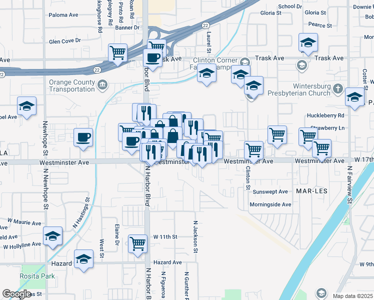 map of restaurants, bars, coffee shops, grocery stores, and more near 13931 Enterprise Dr in Garden Grove