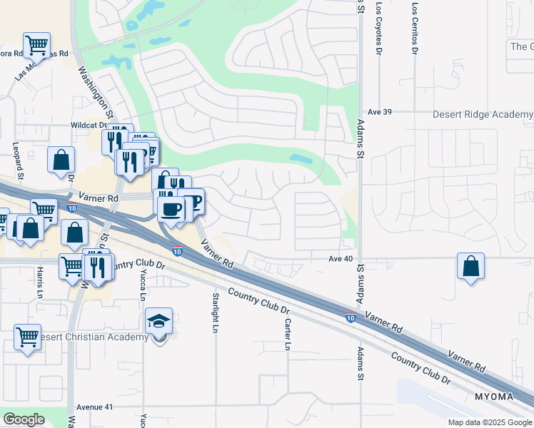 map of restaurants, bars, coffee shops, grocery stores, and more near 78689 Hampshire Avenue in Palm Desert