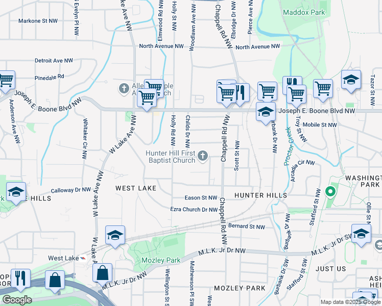 map of restaurants, bars, coffee shops, grocery stores, and more near 195 Childs Drive Northwest in Atlanta