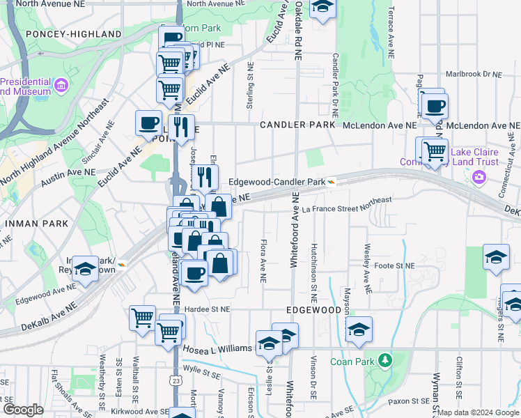 map of restaurants, bars, coffee shops, grocery stores, and more near 1332 La France Street Northeast in Atlanta